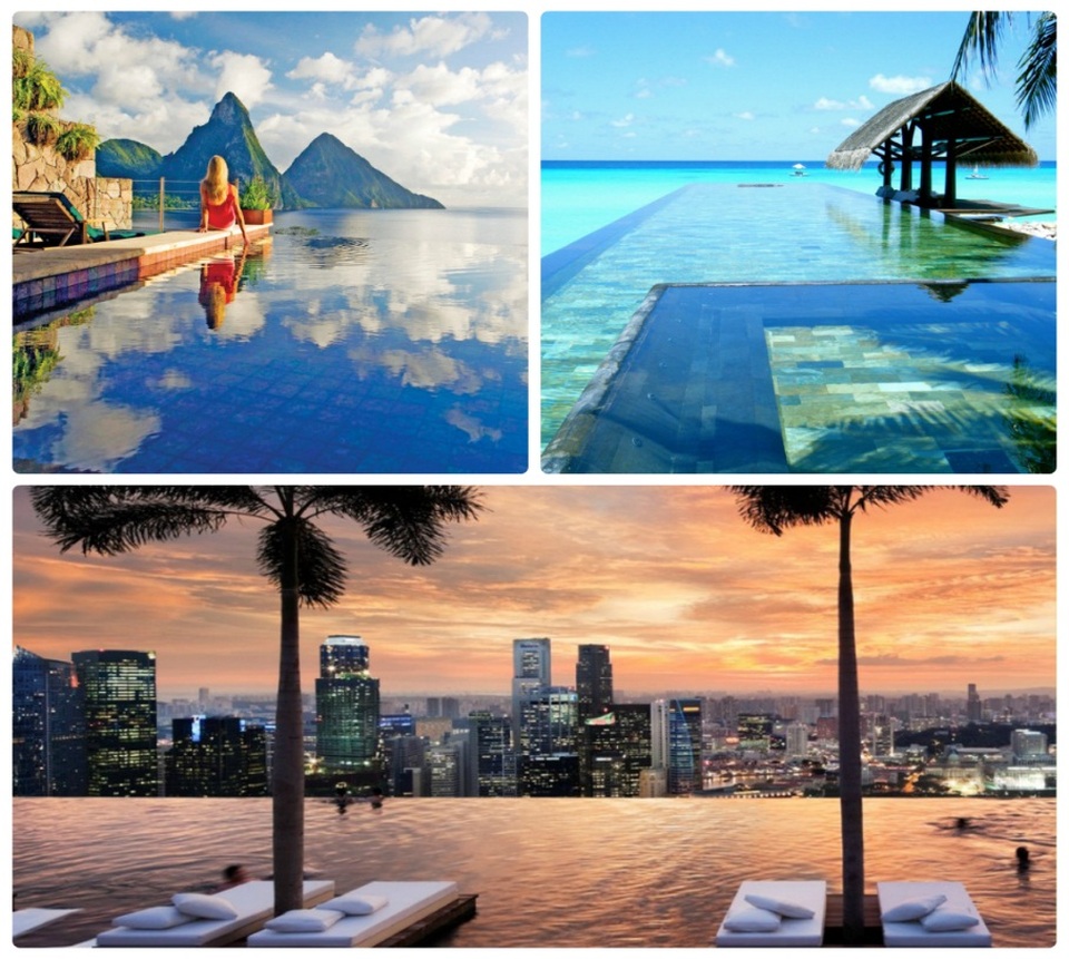 Hồ bơi vô cực D'. Le Roi Soleil - viên kim cương xanh của bán đảo Quảng An - 1 (Từ trái sang, từ trên xuống): Bể vô cực khu nghỉ dưỡng Jade Mountain (Saint Lucia); Bể thiên đường Paradise Pool (Bali, Indonesia) và Bể Skypark, Marina Bay Sands (Singapore).