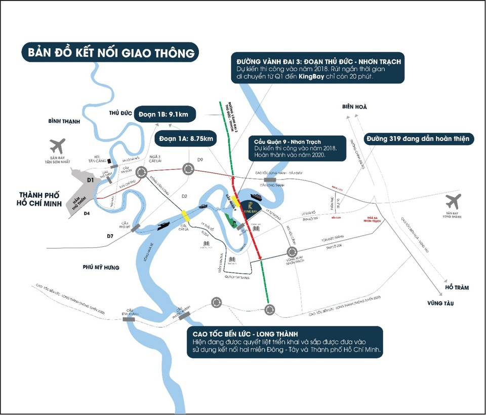 
King Bay tọa lạc ngay mặt tiền đường Vành đai 3, cách khu công nghệ cao quận 9 và VinCity chỉ 5 phút di chuyển, đồng thời đến khu đô thị Thủ Thiêm cũng chỉ mất 25 phút nên tiềm năng rất lớn.

