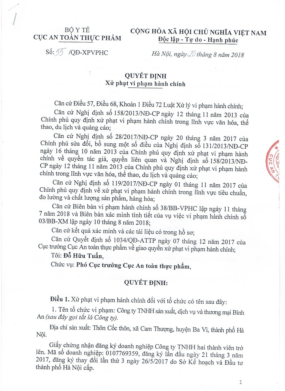 Công ty TNHH SXDV và TM Bình An cam kết thực hiện đúng quy định của Cục An toàn thực phẩm - 2 Quyết định xử phạt vi phạm hành chính đối với Công ty TNHH sản xuất dịch vụ và thương mại Bình An