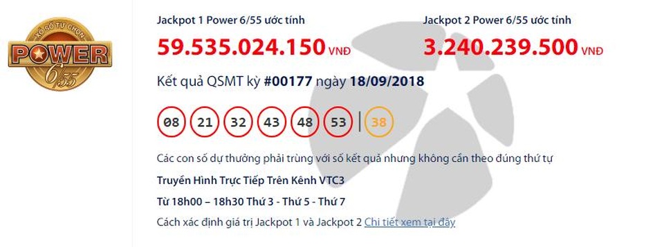 Jackpot 1 Power 6/55 chạm mốc 60 tỷ đồng - 1 Kết quả kỳ QSMT kỳ #00177 ngày 18/09/2018