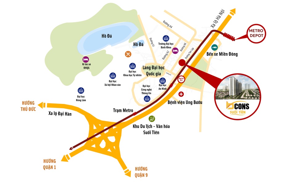 Lợi đơn lợi kép với căn hộ 800 triệu đồng cạnh Làng Đại học - 2 Khu căn hộ nằm cạnh ngay trạm metro Suối Tiên và gần Xa lộ Hà Nội, cùng các tiện ích hạ tầng trọng điểm của Tp.HCM