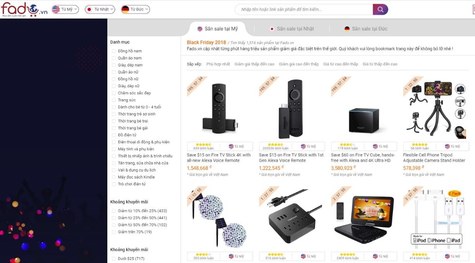 Những lưu ý khi mua hàng giảm giá trong dịp Black Friday 2018 - 2 Trên Fado, người mua có thể “săn” deal trên Amazon Mỹ, Nhật Bản và Đức.