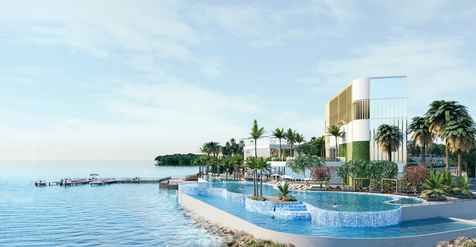 Thị trường bất động sản biển Hà Tiên trỗi dậy chạy đua tiện ích hạng sang - 2 Hồ bơi vô cực nằm lưng chừng giữa vịnh biển là điểm nhấn tiện ích đọc đáo tại dự án