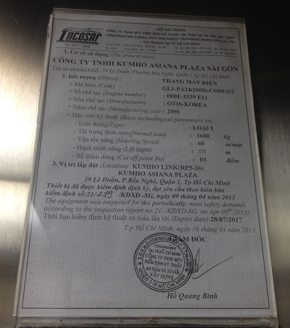 Thời hạn kiểm định thang máy xảy ra sự cố vẫn còn đến tháng 7/2017