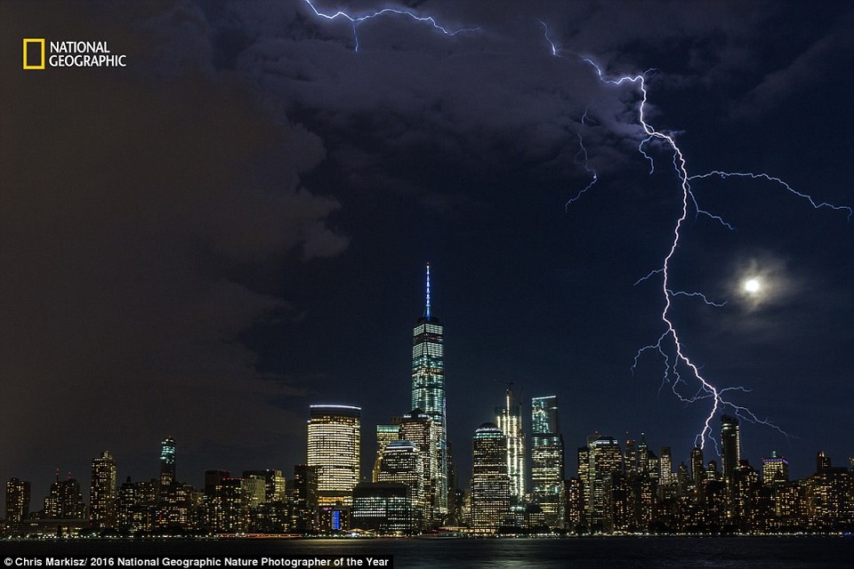 Vệt sét như xé toác bầu trời Manhattan, Mỹ trong một cơn bão mùa hè. Khoảnh khắc ấn tượng này được nhiếp ảnh gia Chris Markisz ghi lại.