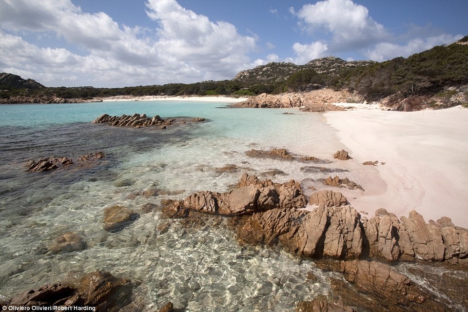 Bãi cát màu hồng nhạt Spiaggia Rosa nằm trên đảo của Budelli ở Sardinia.