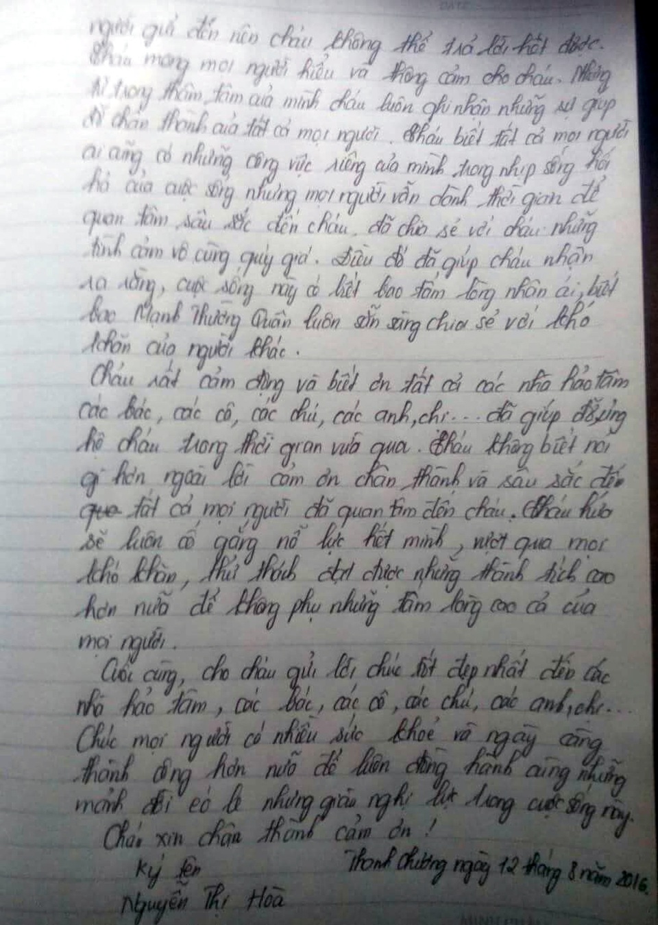 Thư cảm ơn của em Hòa gửi báo Dân trí và các nhà hảo tâm.