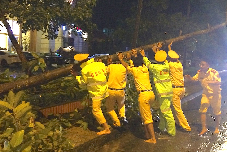 CSGT nửa đêm dọn cây đổ trên phố - 5 Thân cây lớn đổ chắn ngang đường và 6 CSGT cùng hợp sức để kéo cây vào lề đường tránh ách tắc giao thông giữa đêm khuya.