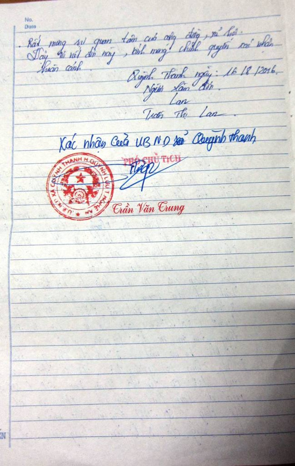 Đơn xác nhận hoàn cảnh của chính quyền xã Quỳnh Thanh