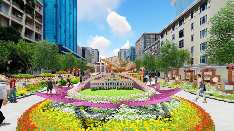 TPHCM: Chụp hình không gian ảo tại đường hoa Nguyễn Huệ - 3 Tiểu cảnh “Đài sen hồng” là hình ảnh đóa sen cách điệu với thân dáng mềm mại tựa đôi tay nâng niu đài sen đang vươn lên, tỏa sáng, liền mạch đôi luống hoa uốn lượn đánh dấu sự chuyển mình lớn, hội nhập và phát triển bền vững của thành phố.