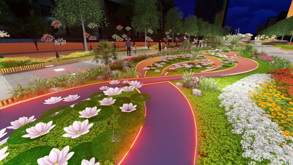 TPHCM: Chụp hình không gian ảo tại đường hoa Nguyễn Huệ - 4 Điểm nhấn ở phân đoạn này là “Hồ sen ánh sáng” dài 18m, rộng 6m cấu tạo bằng kính cường lực cao cấp, bố trí đèn led trải dài chạy dọc theo viền hồ. Những đóa sen được bố trí theo cụm và phát sáng về đêm tạo nên dãy ánh sáng kéo dài trên phố đi bộ đưa khách tham quan đến với tiểu cảnh “Thành phố Thông minh- Smart City”.