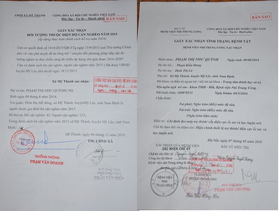 Giấy chứng nhận hộ cận nghèo của gia đình em và chỉ định cấy điện cực ốc tai của các bác sĩ bênh viện Nhi TW.