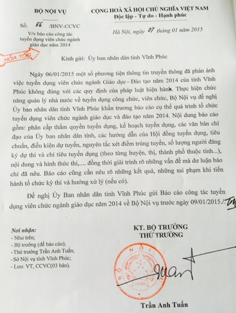 Tỉnh Vĩnh Phúc phải báo cáo tuyển dụng viên chức ngành giáo dục trước ngày 9/1 - 1 Công văn hỏa tốc Bộ Nội vụ gửi Ủy ban nhân dân tỉnh Vĩnh Phúc