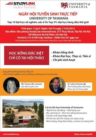 Cơ hội phỏng vấn trực tiếp xin học bổng Úc - 2 University of
Tasmania