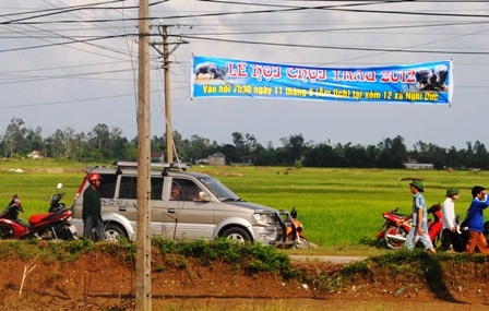 Lễ hội chọi trâu được quảng cáo từ ngoài đường tỉnh lộ.