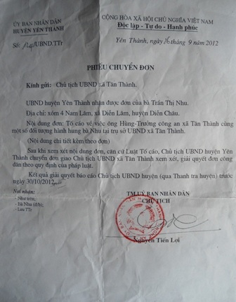 UBND huyện Yên Thành yêu cầu chủ tịch UBND xã Tân Thành giải quyết báo cáo vụ việc trước 30/10/2012