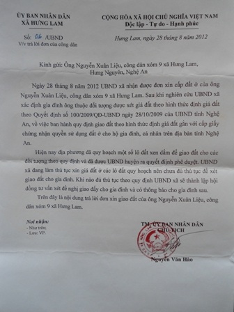 Giấy hẹn khi nào của UBND xã Hưng Lam đối với việc cấp đất cho gia đình bà Thanh