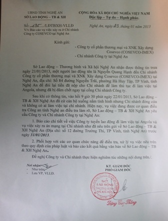 Công văn Sở LĐTB&XH Nghệ An gửi Cty COSEVCO và chi nhánh Cty tai Nghệ An làm rõ vụ việc