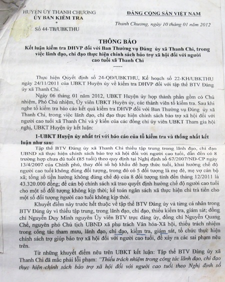 Kết luận kiểm tra về sai phạm của UBND huyện Thanh Chương về những sai phạm ở xã Thanh Chi.