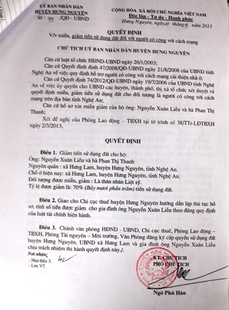 Quyết định giao đất theo hình thức định giá cho gia đình ông Nguyễn Xuân Liệu với diện tích 222 m2