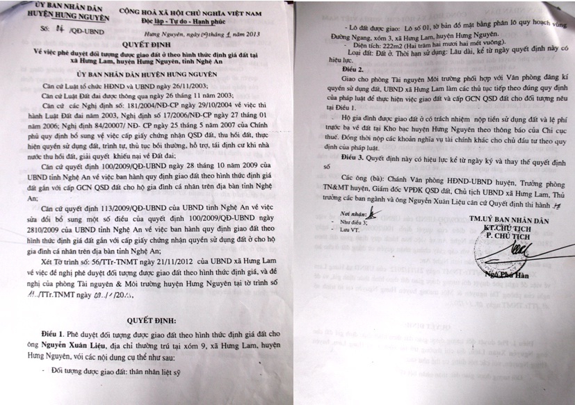 Gia đình có 3 liệt sĩ chật vật thực hiện ước mơ lên bờ - 1 Quyết định giao đất theo hình thức định giá cho gia đình ông Nguyễn Xuân Liệu với diện tích 222 m2