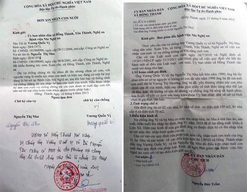 Giấy xác nhận, nhận nuôi trẻ bị bỏ rơi. 