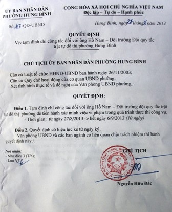 Quyết định của UBND phường Hưng Bình tạm đình chỉ công tác 10 ngày đối với ông Hồ Nam