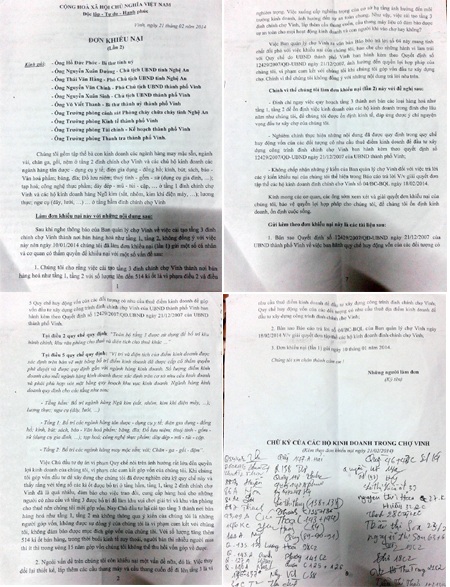 Đơn khiếu nại của các hộ dân kinh doanh tại chợ Vinh gửi tới cơ quan chức năng.