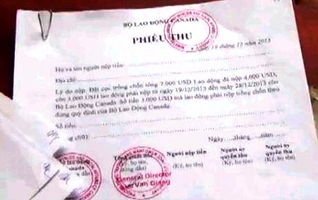 Phiếu thu tiền mà Lý và Trung chuẩn bị sẵn để lừa đảo người dân