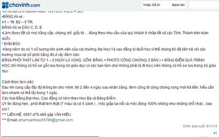 Nội dung cam kết làm giấy tờ, văn bằng giá sốc trên trang Chovinh.com