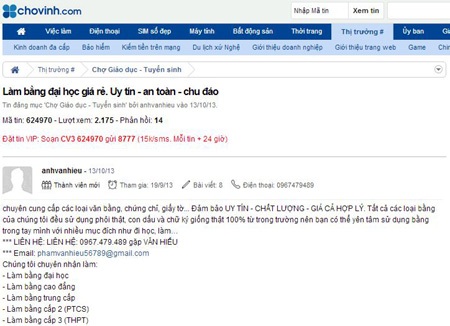 Quảng cáo làm các văn bằng, chứng chỉ, giấy tờ giá rẻ trên trang Chovinh.com