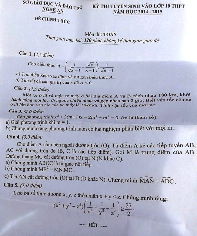 Đề thi môn Toán vào lớp 10 năm học 2014-2015 của Sở GD-ĐT Nghệ An.