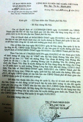 UBND quận Long Biên và UBND quận Hoàng Mai có đề xuất gửi UBND TP Hà Nội được tiếp quản việc 