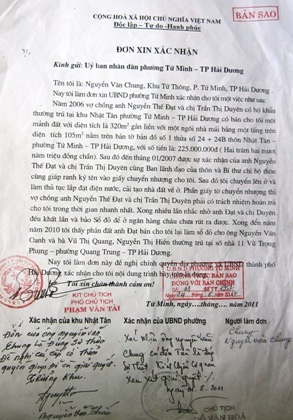 Xác nhận của UBND phường Tứ Minh về việc mua bán đất giữa ông Chung và ông Đạt là có thật.