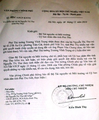 Một hộ dân bị lấn chiếm đất 30 năm, tỉnh bảo không, Bộ TNMT bảo... có! - 2 Phó thủ tướng Trương Vĩnh Trọng chỉ đạo giải quyết dứt điểm khiếu nại tồn đọng, bức xúc kéo dài.