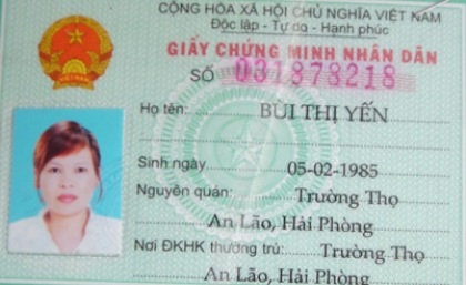 Giấy tờ giả mạo của Hằng mang tên Bùi Thị Yến.