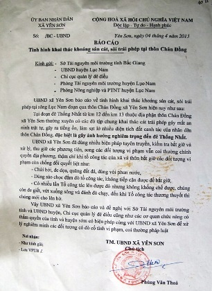 Báo cáo của UBND xã Yên Sơn gửi đến các cơ quan chức năng trước nạn cát tặc.
