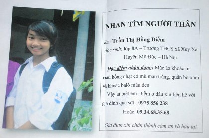 Hà Nội: Nữ sinh lớp 8 mất tích bí ẩn - 1 Gia đình em Diễm lo lắng tộ