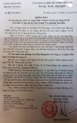 UBND phường Yên Hòa tiếp tục ra tối hậu thư sau khi chủ đầu tư chống lệnh cưỡng chế.