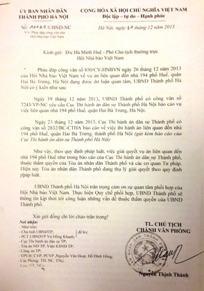 Công văn phúc đáp của UBND TP Hà Nội gửi Hội Nhà báo Việt Nam.