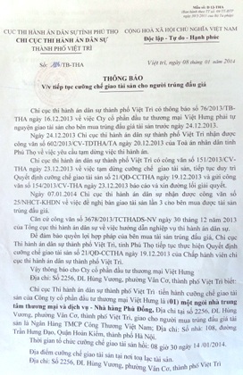 Tuy nhiên, Chi cục THA TP Việt Trì phớt lờ tiếp tục ra thông báo cưỡng chế thi hành án.