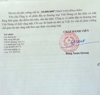 Tuy nhiên, Chi cục THA TP Việt Trì phớt lờ tiếp tục ra thông báo cưỡng chế thi hành án.