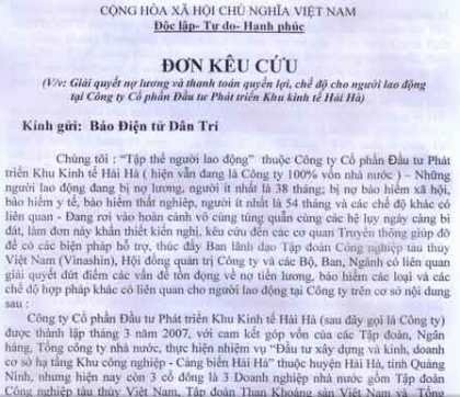 Đơn kêu cứu của 28 nhân viên Công ty Hải Hà bị treo lương hơn 3 năm gửi tới báo Dân trí.