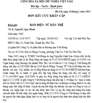 Bài 1: Biết vi phạm tố tụng, cơ quan thi hành án vẫn "thẳng tay" cưỡng chế bất thường - 1 Đơn kêu cứu khẩn cấp ông Nguyễn Ngọc Hoàn gửi báo điện tử