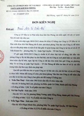 Câu kết đánh cắp con dấu công ty, cổ đông chống lệnh tòa, bất chấp thi hành án - 1 Đơn kiến nghị Công ty CP đầu tư và phát triển kim khi Hải Phòng gửi báo Dân trí.