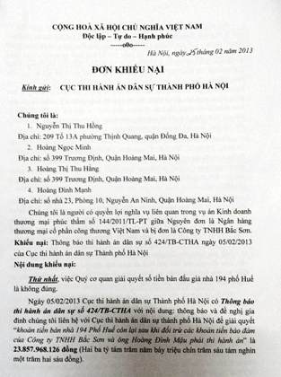 Đơn khiếu nại Cục thi hành án TP Hà Nội của gia đình 194 phố Huế.