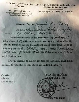 Đề nghị xem xét dừng thi hành án chờ kháng nghị của VKSND Tối cao - 2 VKSND Tối cao đề nghị gia đình khiếu nại cung cấp hồ sơ sự việc.