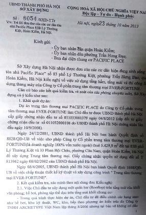 Hàng loạt sai phạm tại tòa nhà hiện đại bậc nhất Hà Nội - 2 Kết luận của Sở Xây dựng TP Hà Nội về sai phạm tại tòa nhà Pacific Place.