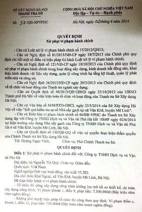 Quyết định xử phạt công ty Phú Hà.