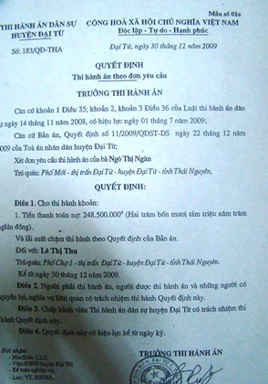 Quyết định thi hành án được ban hành.